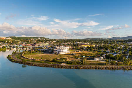 St John's, Antigua and Barbuda - December 19, 2018: Cityscape of the St John's, Antigua island. The Multipurpose Cultural Centre visible on the shore.のeditorial素材