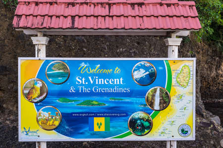 Kingstown, Saint Vincent and the Grenadines - December 19, 2018: The colorful welcome sign at the cruise ship terminal in Saint Vincent island, Saint Vincent and the Grenadines..のeditorial素材