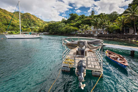 Wallilabou Bay, Saint Vincent and the Grenadines - December 19, 2018: Wide angle view of the...