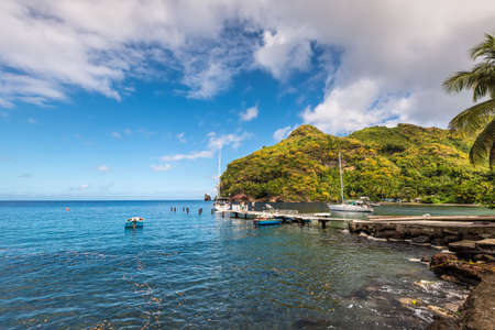 Wallilabou Bay, Saint Vincent and the Grenadines - December 19, 2018: View from the shore to the Wallilabou Bay - Pirates of the Caribbean's Port Royale - Saint Vincent.のeditorial素材
