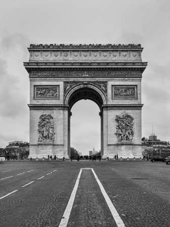 Paris, France - December 23, 2018: Triumphal Arch in Paris, Black and white, Monochrome view. Architecture and landmarks of Paris.のeditorial素材
