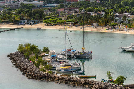 Ocho Rios, Jamaica - April 22, 2019: Coastline view with Ocho Rios Bay Beach and marina, in the tropical Caribbean island of Ocho Rios, Jamaica.のeditorial素材