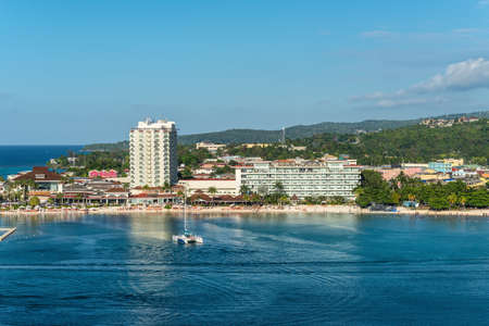 Ocho Rios, Jamaica - April 23, 2019: View from the sea to the beach and tourism area of Ocho Rios, Jamaica. Moon Palace Jamaica All Inclusive Resort in the center.のeditorial素材
