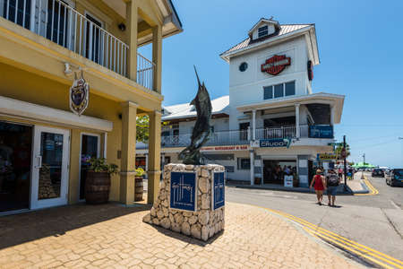 George Town, Grand Cayman Island, UK - April 23, 2019: Street view of George Town at day with pedestrians and fish sculpture near restaurant in downtown of George Town, Grand Cayman, Cayman Islands.のeditorial素材