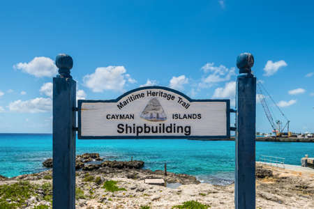 George Town, Grand Cayman Island, UK - April 23, 2019: Sign of Shipbuilding on Maritime Heritage Trail, a driving route through Caymanâs maritime sites in Grand Cayman, Cayman Islands.のeditorial素材
