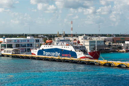 Cozumel, Mexico - April 24, 2019: Passenger/Ro-Ro Cargo Ship Bahia Del Espiritu Santo docked in tropical port during sunny day in Cozumel, Mexico.のeditorial素材