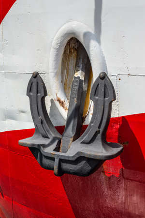 Cozumel, Mexico - April 24, 2019: The closeup of the large anchor from the ship Bahia Del Espiritu Santo docked in tropical port of Cozumel, Mexico.のeditorial素材