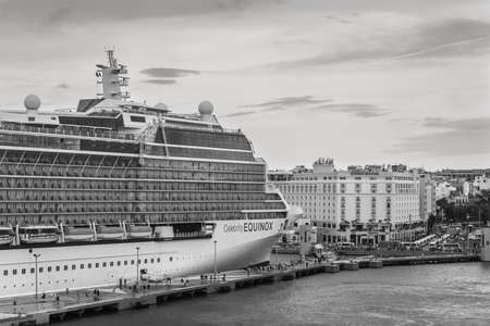 San Juan, Puerto Rico - April 29, 2019: Celebrity Equinox Cruise Ship in Port of San Juan, Puerto Rico, Caribbean in cloudy weather. Black and white photography.のeditorial素材