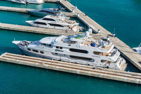 Charlotte Amalie, St. Thomas, United States Virgin Islands (USVI) - April 30, 2019: Luxury motor super yacht Milestone at the Cruise Port of Charlotte Amalie, St Thomas, USVI in the Caribbean.のeditorial素材