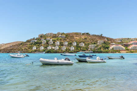 Smith Bay, St. Thomas, U.S. Virgin Islands (USVI) - April 30, 2019: Boats anchored in the Water Bay in St Thomas, U.S. Virgin Islands, Caribbean.のeditorial素材