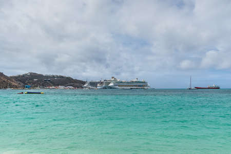 Philipsburg, St. Maarten - May 1, 2019: Cruise ships docked in St. Maarten. St. Maarten is unique in that France and the Netherlands have amicably shared the island for over 300 years.のeditorial素材
