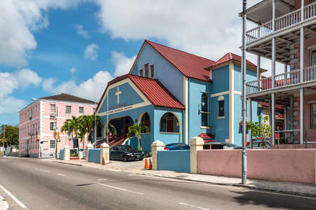 Nassau, Bahamas - May 3, 2019: Street view of Nassau at day with Zion Baptist Chuch on the Shirley Street. Zion Baptist Church was opened for public worship in 1835.のeditorial素材