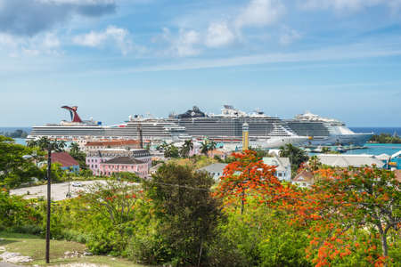 Nassau, Bahamas - May 3, 2019: Fort Fincastle on Bennet's Hill, where it overlooks Historical Nassau, capital of Bahama and it's harbor where cruise ships are moored.のeditorial素材
