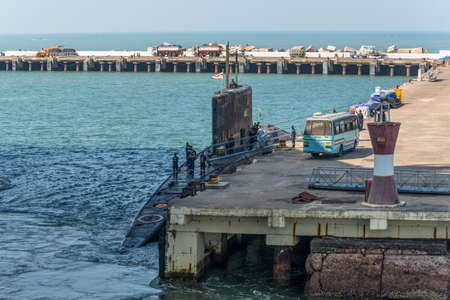 Mormugao, Goa, India - November 23, 2019: Indian Navy diesel-electric attack submarine or hunter-killer submarine moored in port of Mormugao in Goa state, India.のeditorial素材
