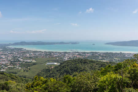 View of thai islands and sea from Big Buddha Phuket viewpoint, Thailandの写真素材