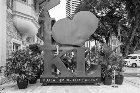 Kuala Lumpur, Malaysia - December 2, 2019: The Icon Sign I Love KL in front of Kuala Lumpur City Gallery in Kuala Lumpur, Malaysia. Black and white photo in retro style.のeditorial素材