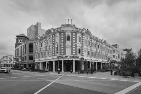 Singapore - December 3, 2019: Exterior view of Vanguard Building in Singapore. It is one of the rare buildings in Singapore to possess an Edwardian architecture style. Black and white photo.のeditorial素材