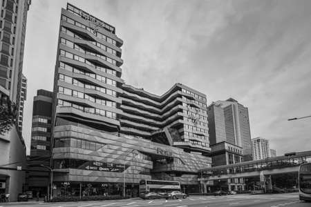 Singapore - December 3, 2019:  Main View of Funan Shopping Mall building. Funan is a mixed used development comprising a retail mall. Black and white photo in retro style.のeditorial素材