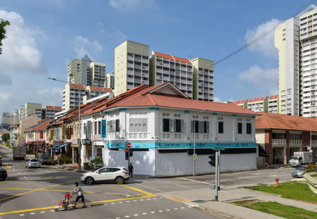 Singapore - December 4, 2019: Street view of Little India at sunny day with colorful buildings in Little India, Singapore.のeditorial素材