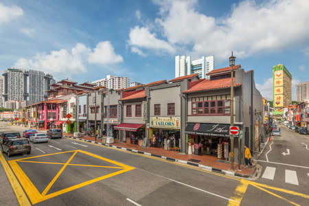 Singapore - December 4, 2019: Street view of Chinatown Singapore at sunny day with tourist shops in Singapore's old heritage Chinatown.のeditorial素材