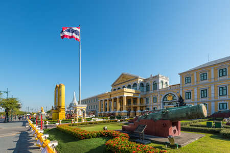 Thailand - December 6, 2019: View of the Ministry of Defence headquarters of Thailand with old bronze cannons in the foreground in Bangkok.のeditorial素材