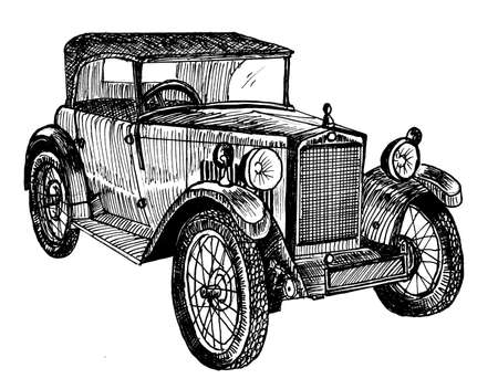 Hand drawn vintage retro car, doodle sketch graphics monochrome illustration on white backgroundの写真素材