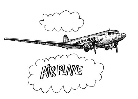 Big propeller airplane hand drawn llustration realistic sketch and lettering on the cloudの写真素材