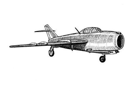 High-subsonic jet fighter aircraft hand drawn realistic sketch doodle graphics monochrome illustration on white background (originals, no tracing)の写真素材