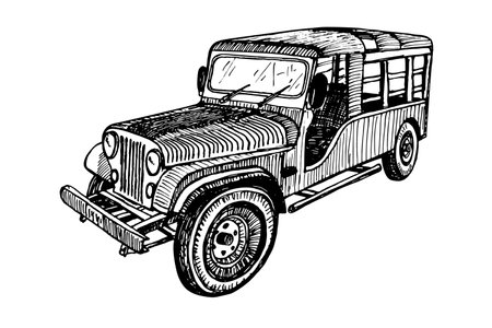 Hand drawn vector tracing vintage retro car, doodle sketch graphics monochrome illustration on white backgroundのイラスト素材