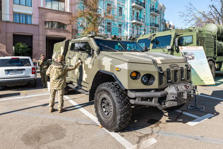 Kyiv, Ukraine - October 15, 2021: The exhibition of modern samples of military equipment "The digital future of the army" is being held on Mykhailivska Square in Kyiv. The APC Novator is a light armored vehicle.のeditorial素材