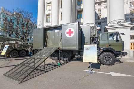 Kyiv, Ukraine - October 15, 2021: The exhibition of modern samples of military equipment "The digital future of the army" is being held in Kyiv. The Mobile medical office KRM with an area of 25 sq.m.のeditorial素材