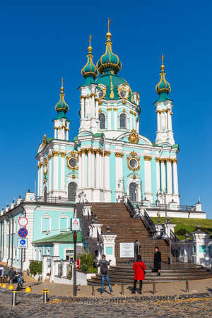 Kyiv, Ukraine - October 15, 2021: Travel to Ukraine - St Andrew's Church in Kyiv city under blue sky. Built between 1747 and 1754, designed by the imperial architect Bartolomeo Rastrelli.のeditorial素材