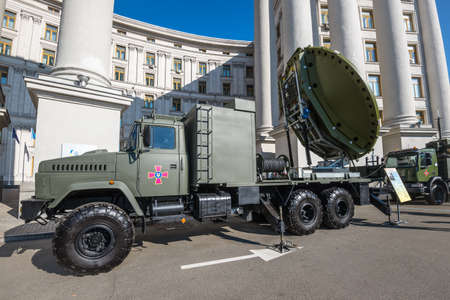 Kyiv, Ukraine - October 15, 2021: The exhibition of modern samples of military equipment "The digital future of the army" is being held in Kyiv. The Central Field Station of Satellite Communications.のeditorial素材