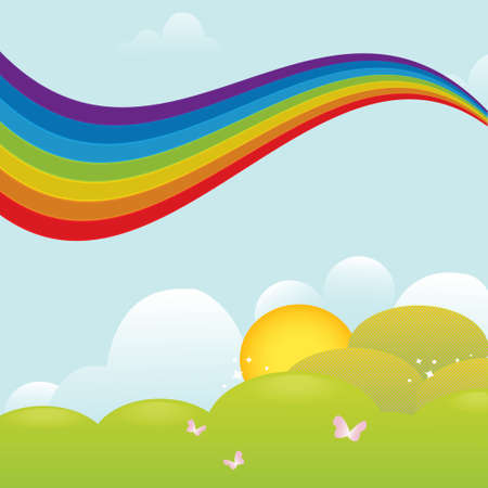 Rainbow over the flowering meadows. Vector illustrationのイラスト素材