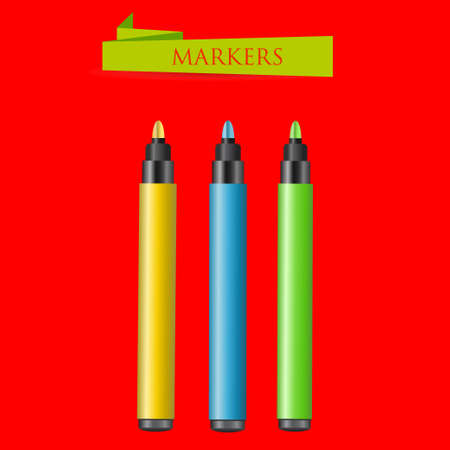 Three felt-tip pens on a red background. Vector illustrationのイラスト素材