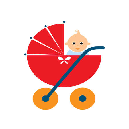 Baby stroller with a doll on white background. Vector illustrationのイラスト素材