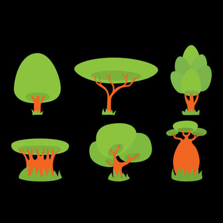 Different green trees on a black background. Vector illustrationのイラスト素材