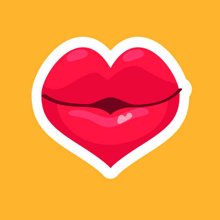 Red lips heart on a yellow background. Vector illustrationのイラスト素材