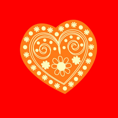 Patterned yellow heart on a red background. Vector illustrationのイラスト素材