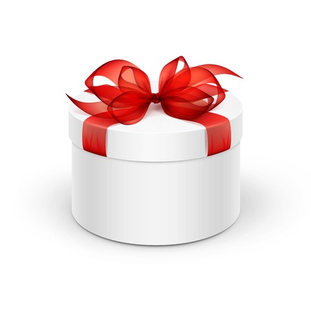 White Round Gift Box with Red Ribbon and Bowのイラスト素材
