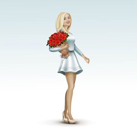 Blonde Woman Girl in Dress with Flowersのイラスト素材
