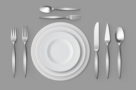 Cutlery Set of Silver Forks Spoons and Knifes with Plates Top View Isolated on Background. Table Settingのイラスト素材