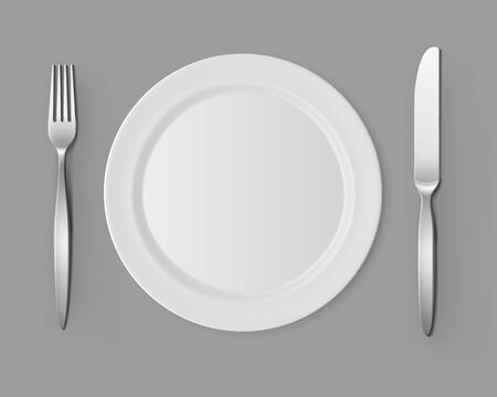White Empty Flat Round Plate with Fork and Knife Top View Isolated on Background. Table Settingのイラスト素材