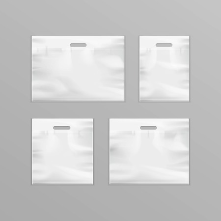Vector Set of Different White Empty Reusable Plastic Shopping Bags with Handles for package design Close up Isolated on Backgroundのイラスト素材