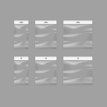 Vector Set of Sealed Empty Transparent Plastic Pocket Bags with Hang Slot Close up Isolated on Backgroundのイラスト素材