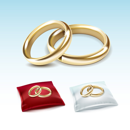 Vector Set of Gold Wedding Rings on Red White Satin Pillow Isolated on White Backgroundのイラスト素材