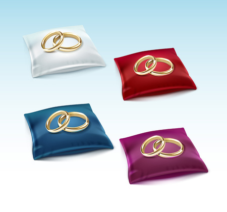 Vector Set of Gold Wedding Rings on Red White Blue Purple Satin Pillow Isolated on White Backgroundのイラスト素材