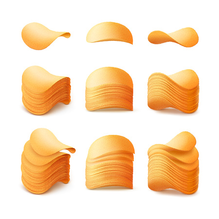 Vector  Set of  Potato Crispy Chips Stacks Close up Isolated on White Backgroundのイラスト素材