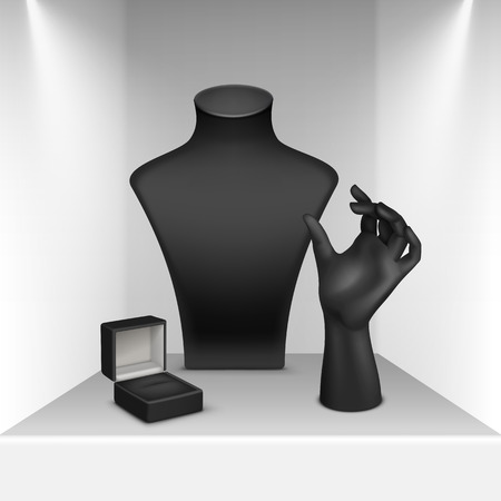 Vector Set of Black Necklace Bracelet Ring Stand for jewelry with Jewellery Box Close up Isolated in White Showcaseのイラスト素材