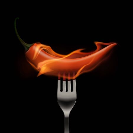 Vector Red Hot Chili Pepper on Fire and Flame on a Fork Isolated on White Backgroundのイラスト素材